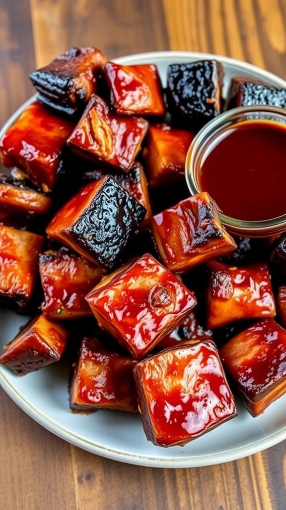 Tender and smoky pork belly burnt ends on a plate with barbecue sauce, presented on a rustic wooden table.